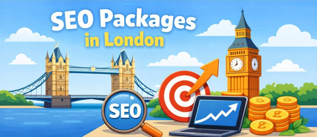 SEO packages in London illustration with Tower Bridge, Big Ben, and SEO growth icons.